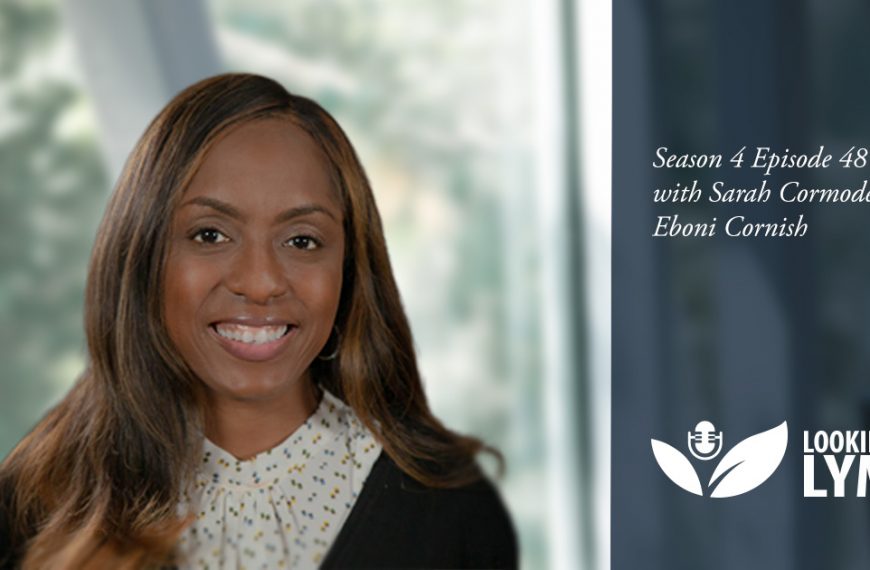 A woman in a business suit is smiling with the words lyme podcast.