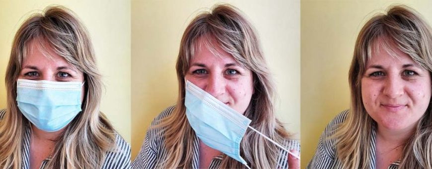 Four pictures of a woman wearing a face mask.