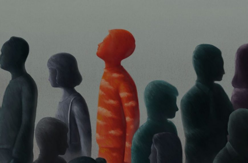 A painting of a man standing in a crowd of people.
