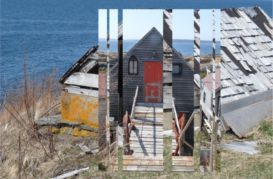 A house with a red door on a hill next to the ocean.