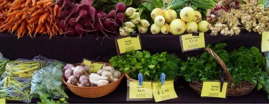 A variety of vegetables are on display at a farmers' market.