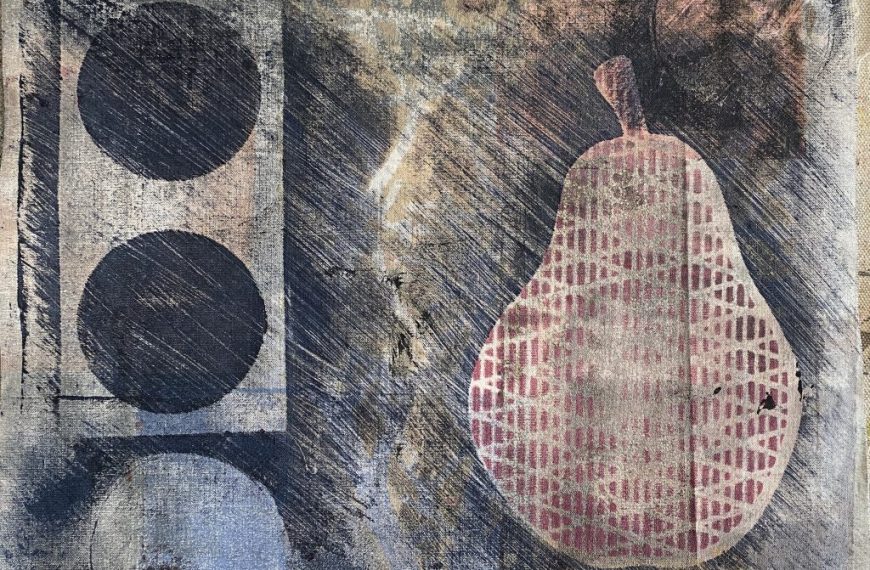 A painting of a pear on a piece of paper.