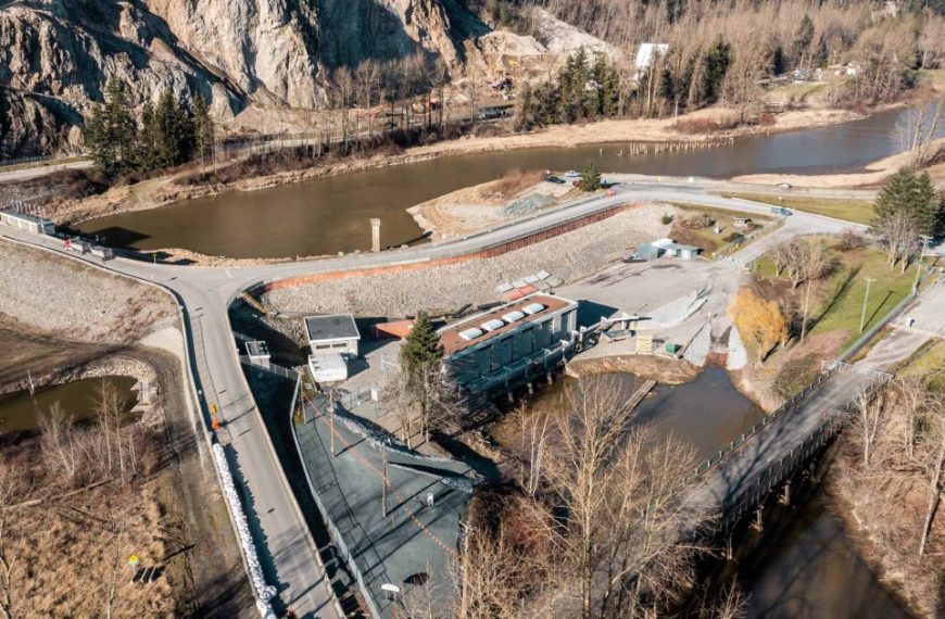 An aerial view of a bridge over a river.