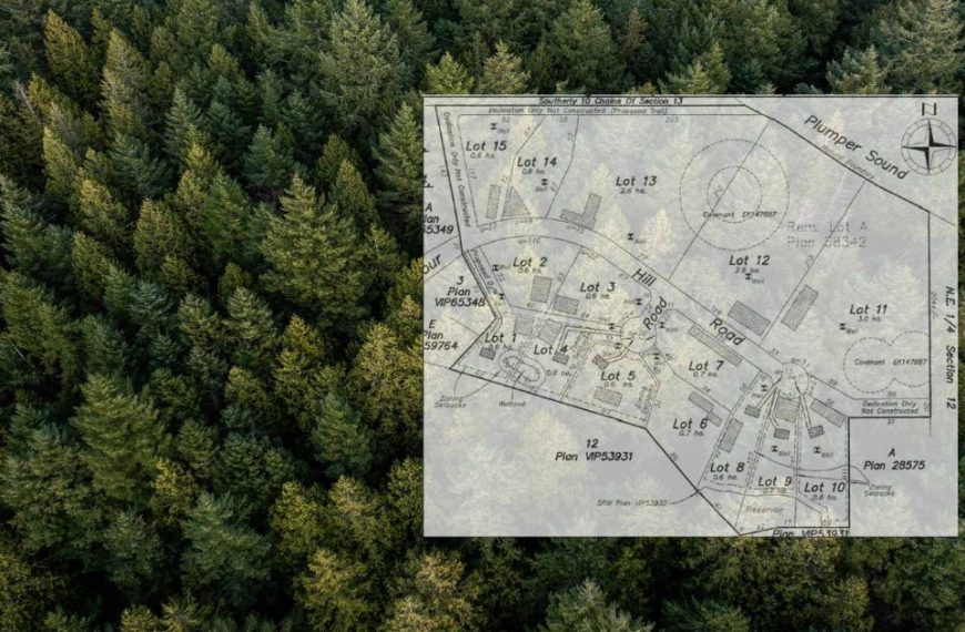 An aerial view of a plot of land in a forest.