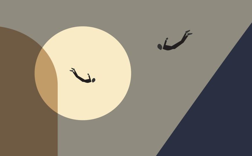 An illustration of a man and a woman flying in the air.