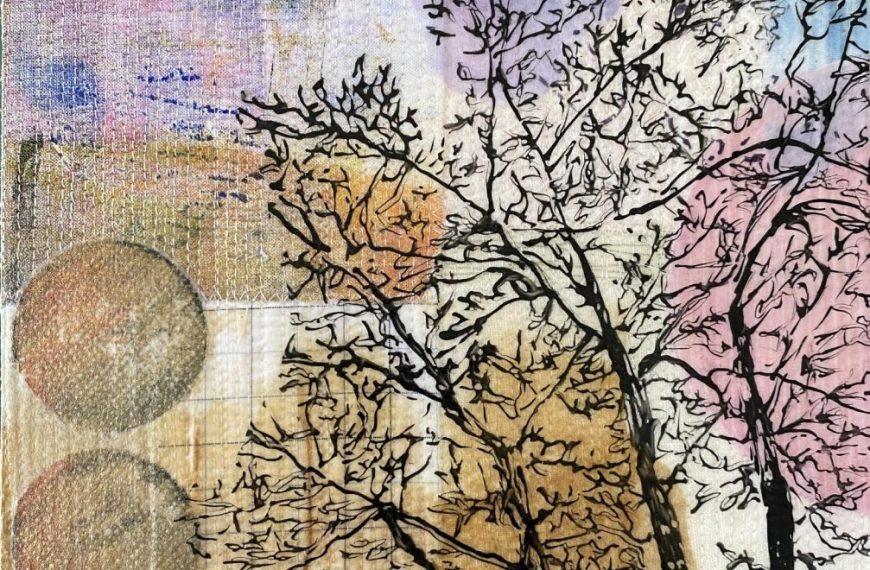 A painting of a tree and a moon on a piece of paper.