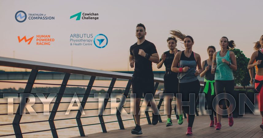 A group of people jogging with the words try a triathlon.