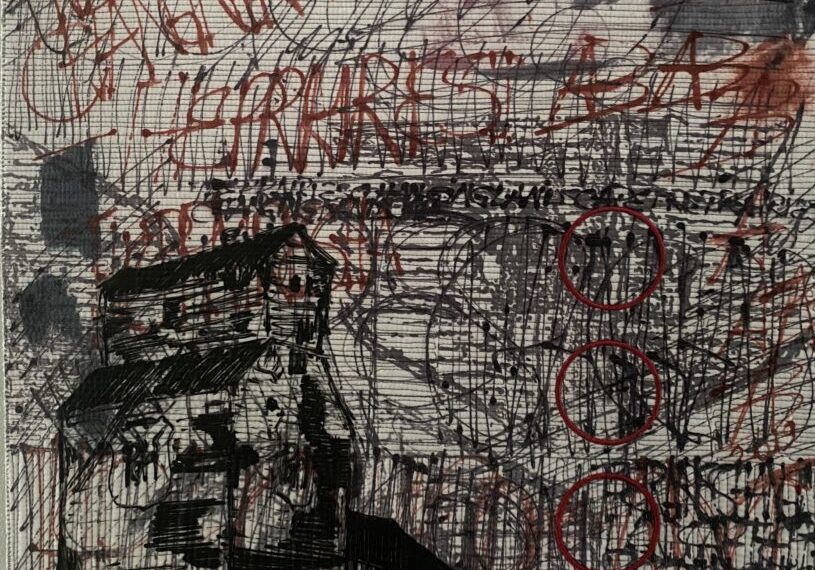 A drawing of a building with red writing on it.