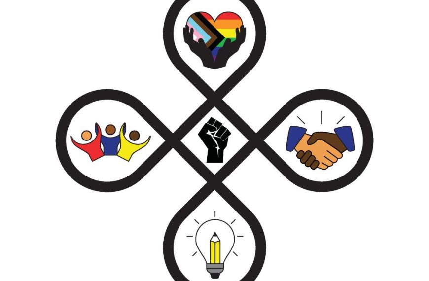 A symbol of a cross with a symbol of a hand, a torch and a light bulb.