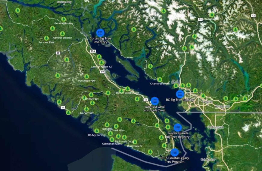 A map of british columbia with blue dots on it.