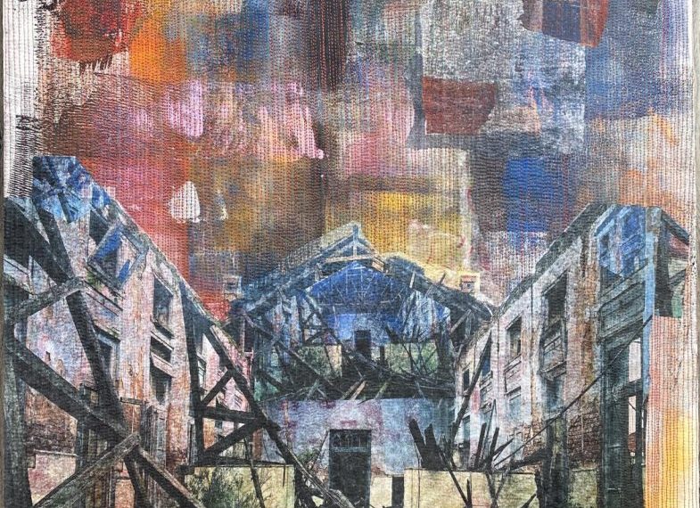 A painting of a building with graffiti on it.
