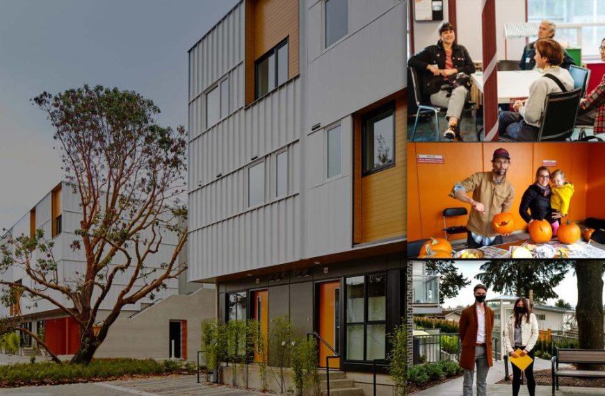 A collage of people in front of an apartment building.
