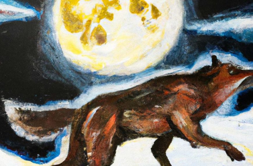 A painting of a wolf running in front of a full moon.