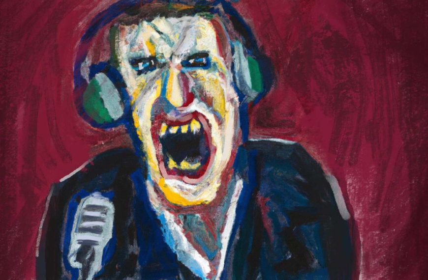 A drawing of a man with headphones and a microphone.