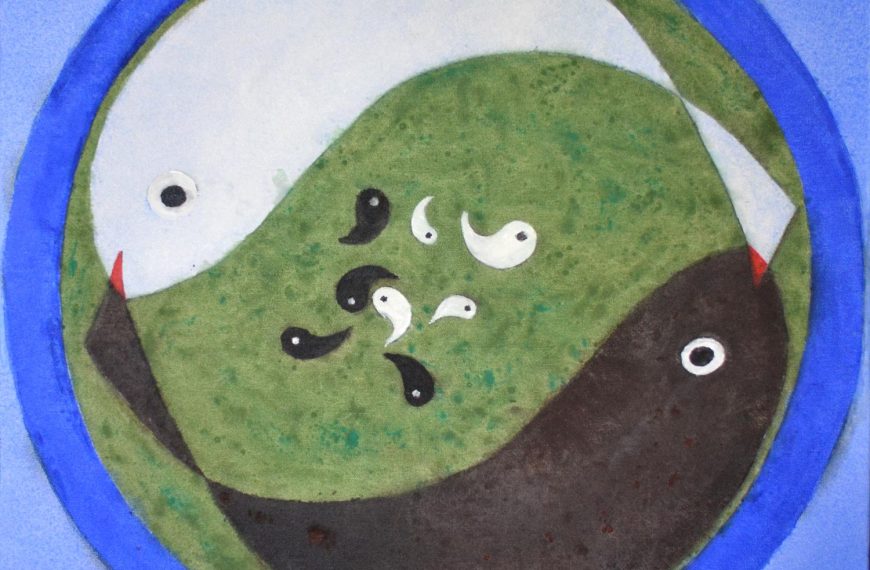 A painting of two fish in a blue circle.