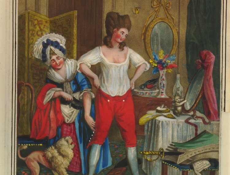 A drawing of a man and woman in a room.
