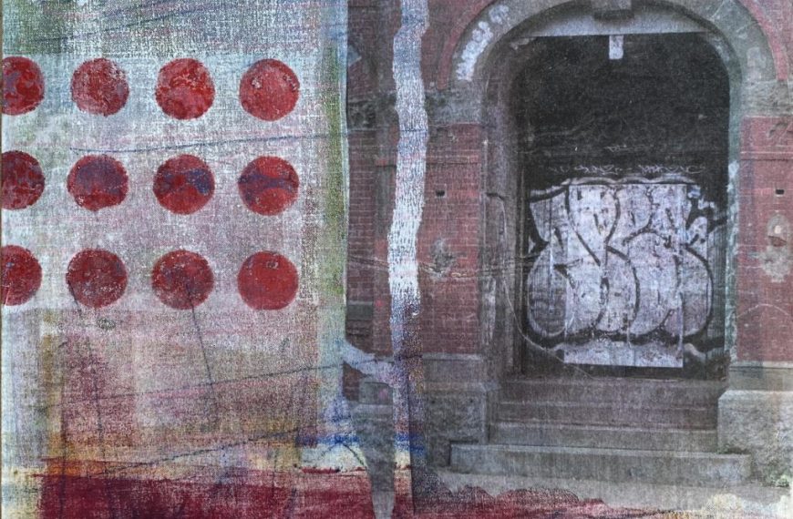A mixed media painting of a door with graffiti on it.