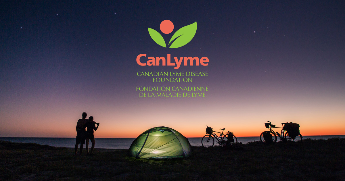 The Canadian Lyme Disease Foundation logo floats over top of a campsite at dusk.