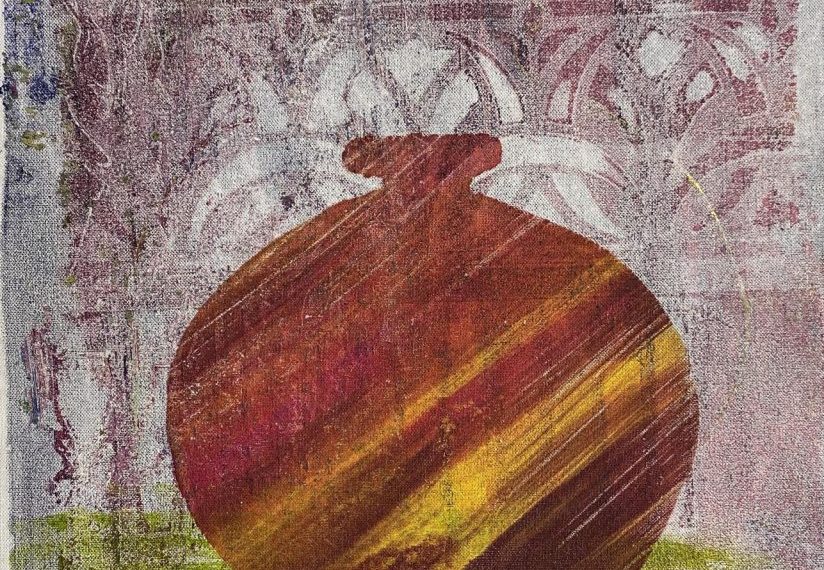 A painting of a red vase on a blue background.