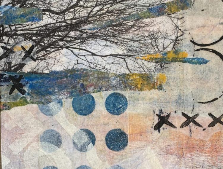 A piece of art with a tree and a circle on it.