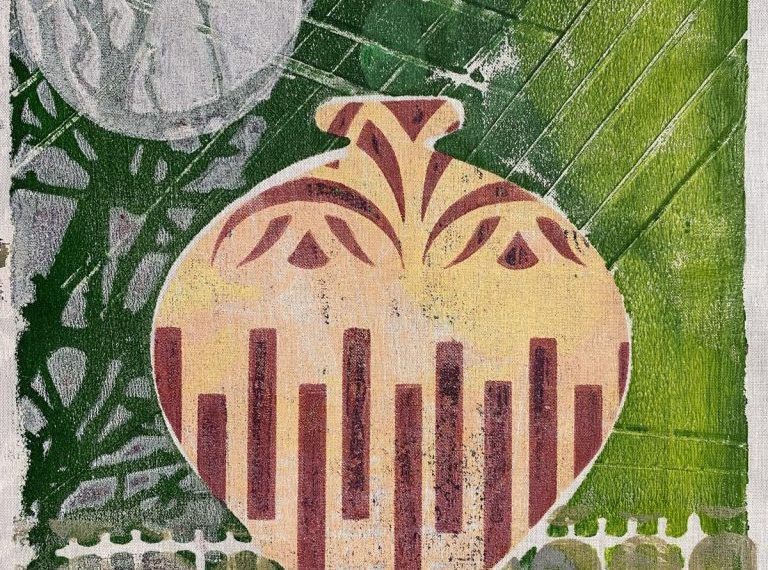 A print of a vase on a green background.