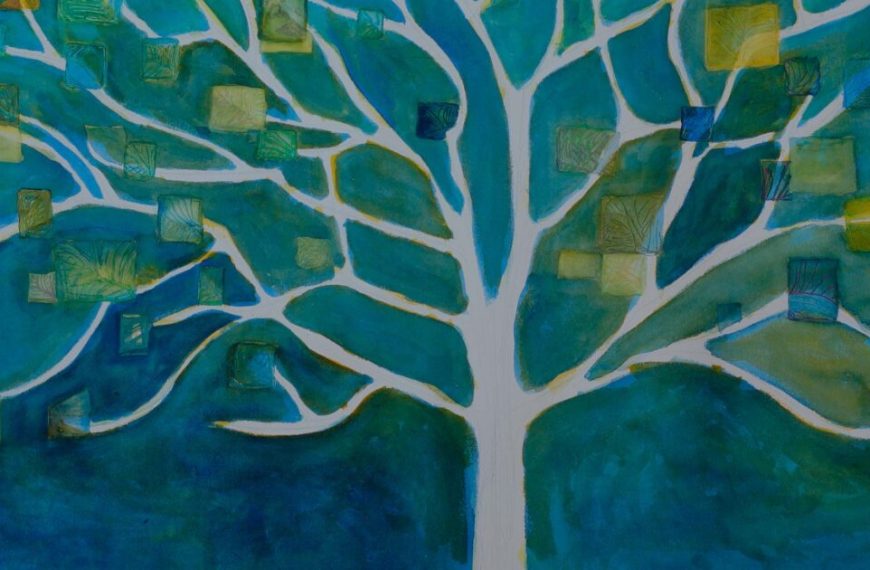 A painting of a tree in blue and green squares.