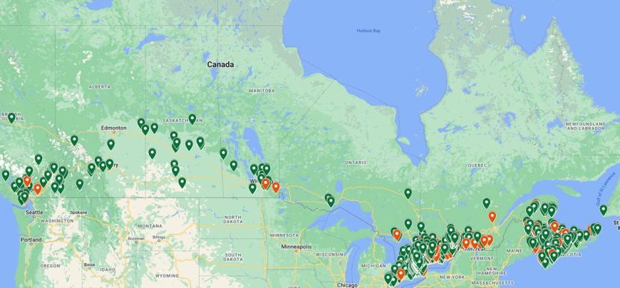 A map showing the locations of canadian parks.