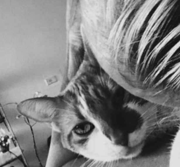 A black and white photo of a woman hugging a cat.