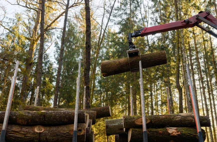 A machine is lifting logs in a forest.