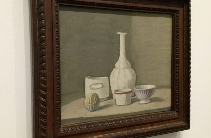 A painting of a vase and cups on a wall.