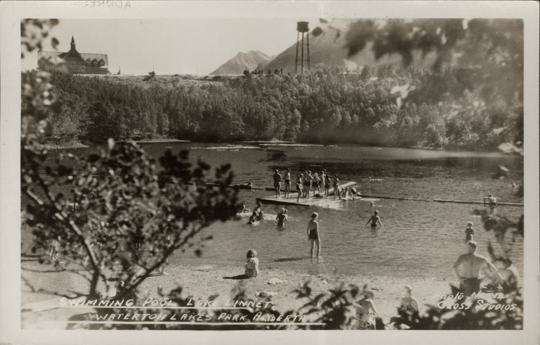 A black and white photo of people swimming in a lake.