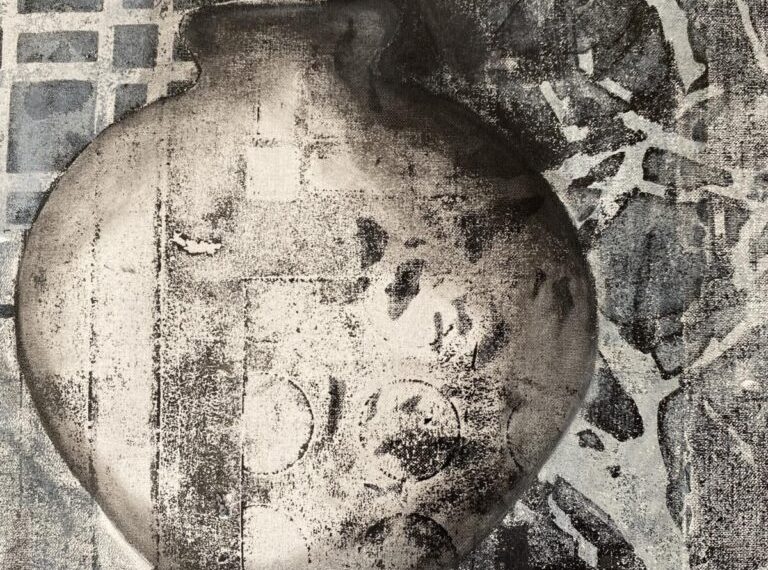 A black and white print of a vase.