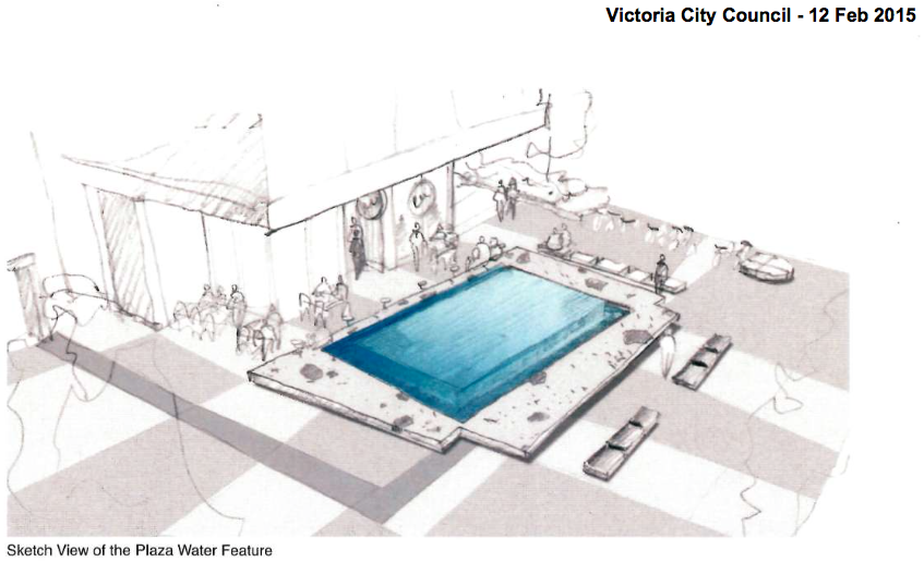 A drawing of a swimming pool in front of a building.