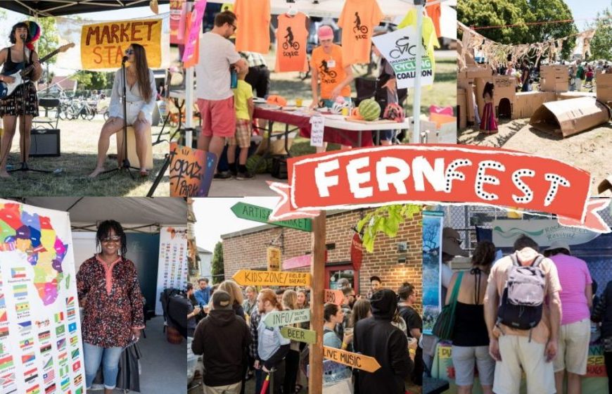 A collage of pictures of people at a festival.