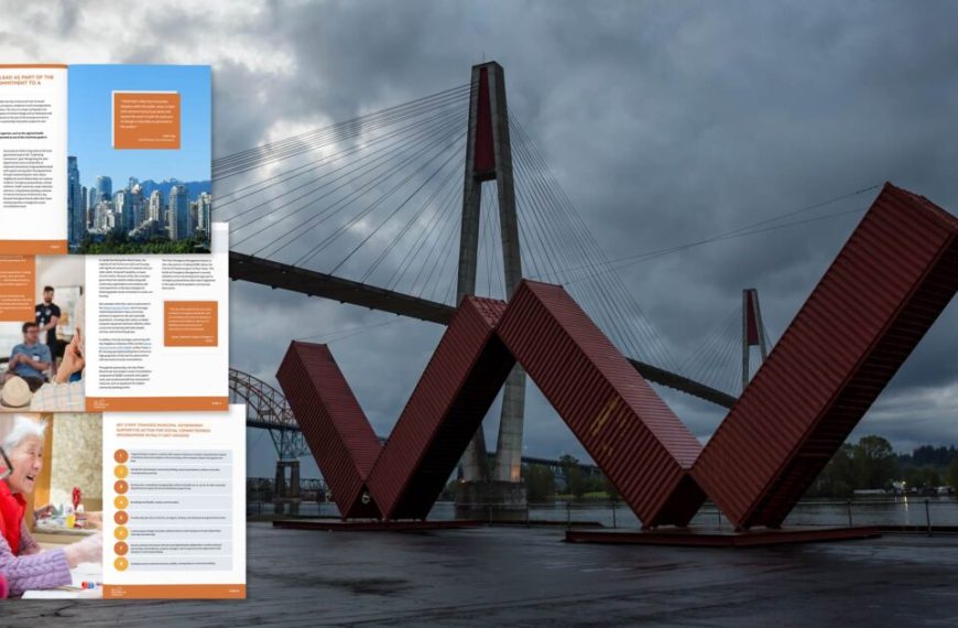 A brochure with pictures of buildings and a bridge.