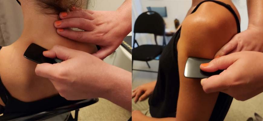 Two pictures of a woman getting her neck massaged.