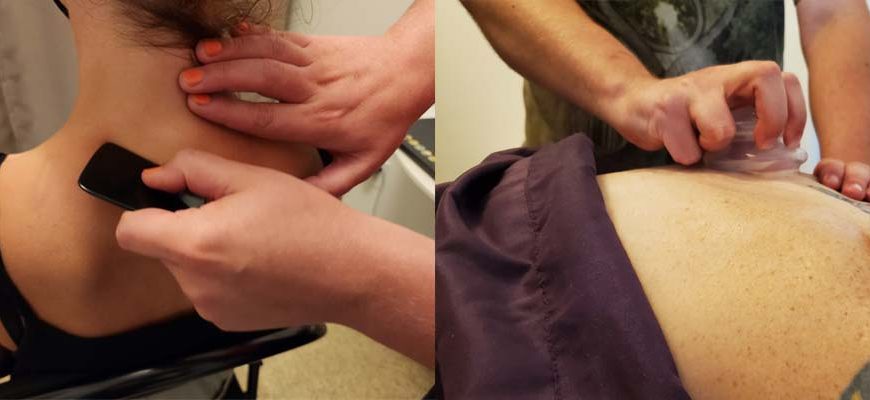 A woman is getting a tattoo on her back.