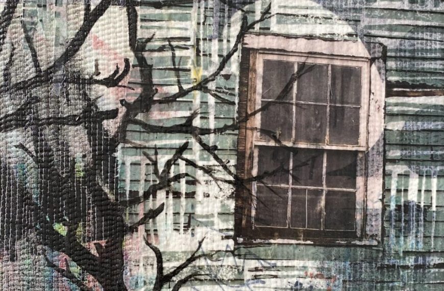 A painting of a window with a tree in the background.