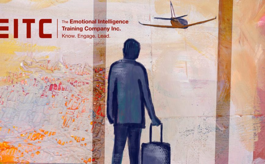 A painting of a man with a suitcase.