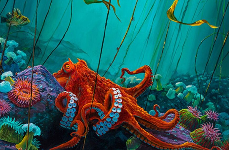 A painting of an octopus in the ocean.