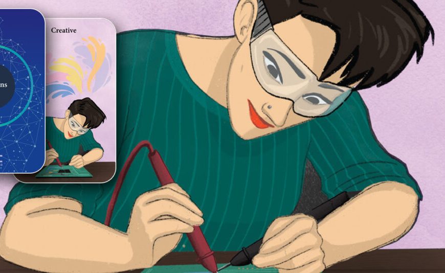 An illustration of a woman drawing on a tablet computer.