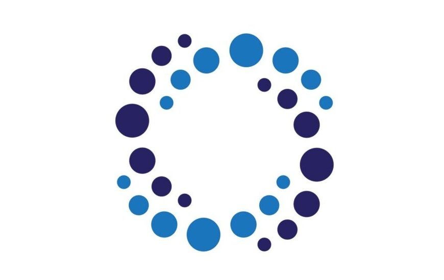 A logo with blue circles on a white background.