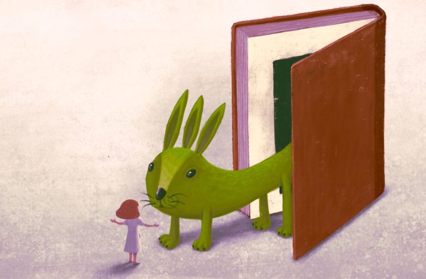 An illustration of a green rabbit standing next to a book.