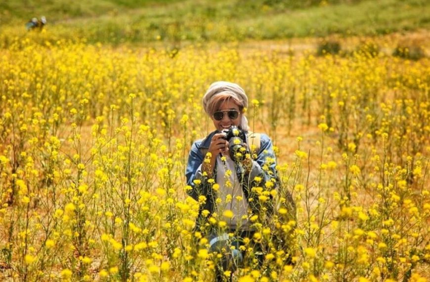 A woman taking a picture in a field of yellow flowers.