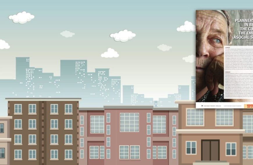 An old woman is standing in front of a cityscape.