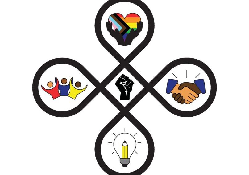 A black and white image of a cross with different symbols on it.