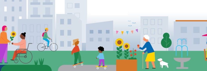 A cartoon illustration of people in a park.