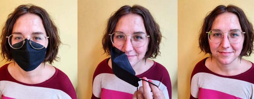 Four pictures of a woman wearing a face mask.