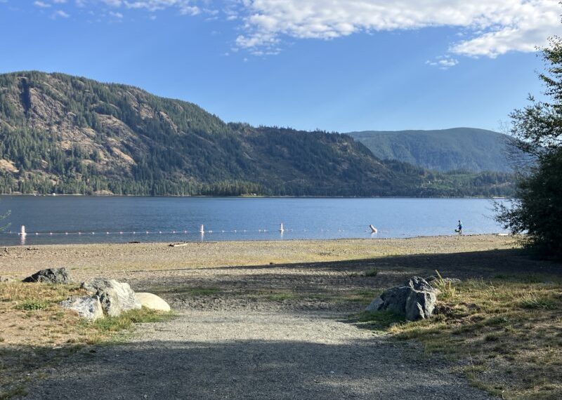 A path leading to a lake with mountains in the background.