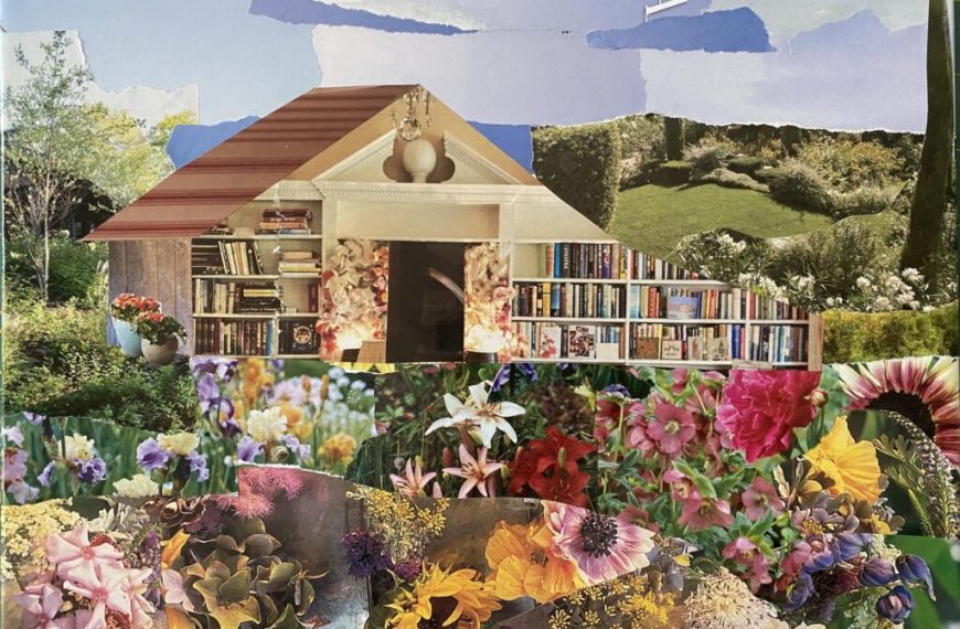 A collage of flowers and a house in a garden.